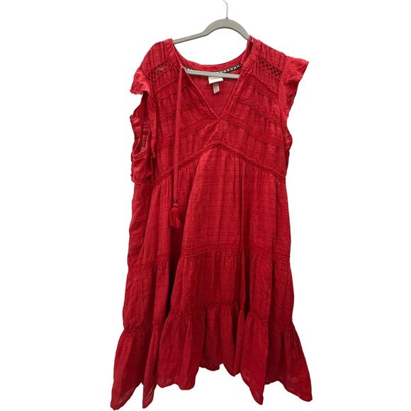Knox Rose Dresses & Skirts - Knox Rose Red Boho Knee Length Cotton Dress 3/4 Sleeve XXL Tiered Lined